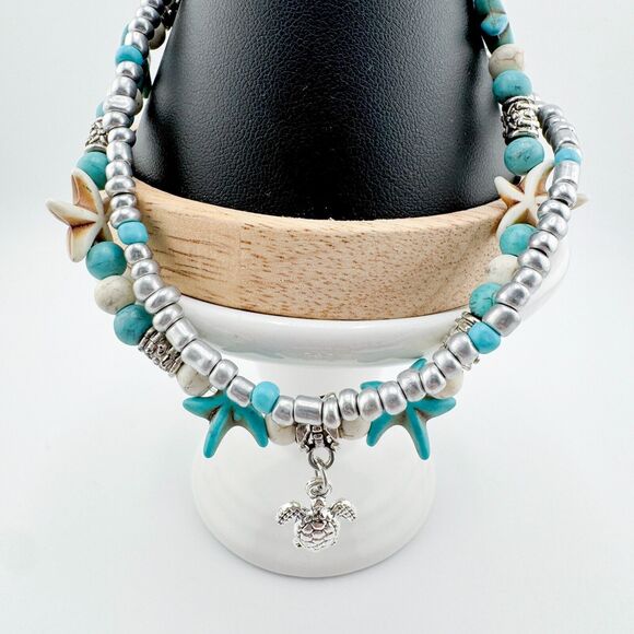 Turquoise 2 Strand Turtle Bracelet Anklet Silver Tone Beach Rustic Retro Sea - Picture 1 of 9
